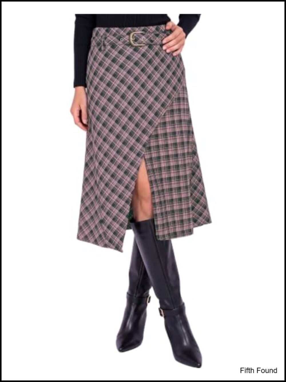 Plaid High Waist A-Line Midi Skirt with Belt Asymmetrical Hem Front Slit